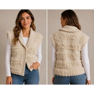 Anthropologie Cream Fringe Knit Sweater Vest XS/S Open Front Boho Cozy Shaggy
